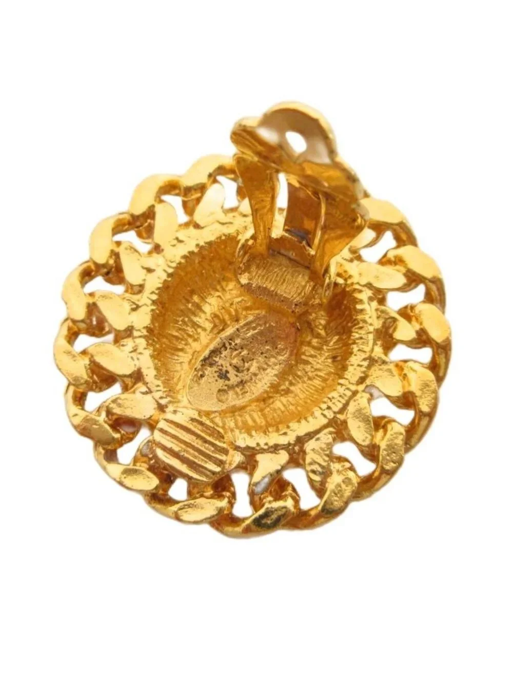 Chanel Vintage CC Logo Quilted Chain Motif Earrings Clip on Gold Plated Color